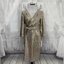 Calvin Klein Size 10 Gold V-Neck Sequin Mesh Dress 3/4 Sleeve Sheath Cocktail D3