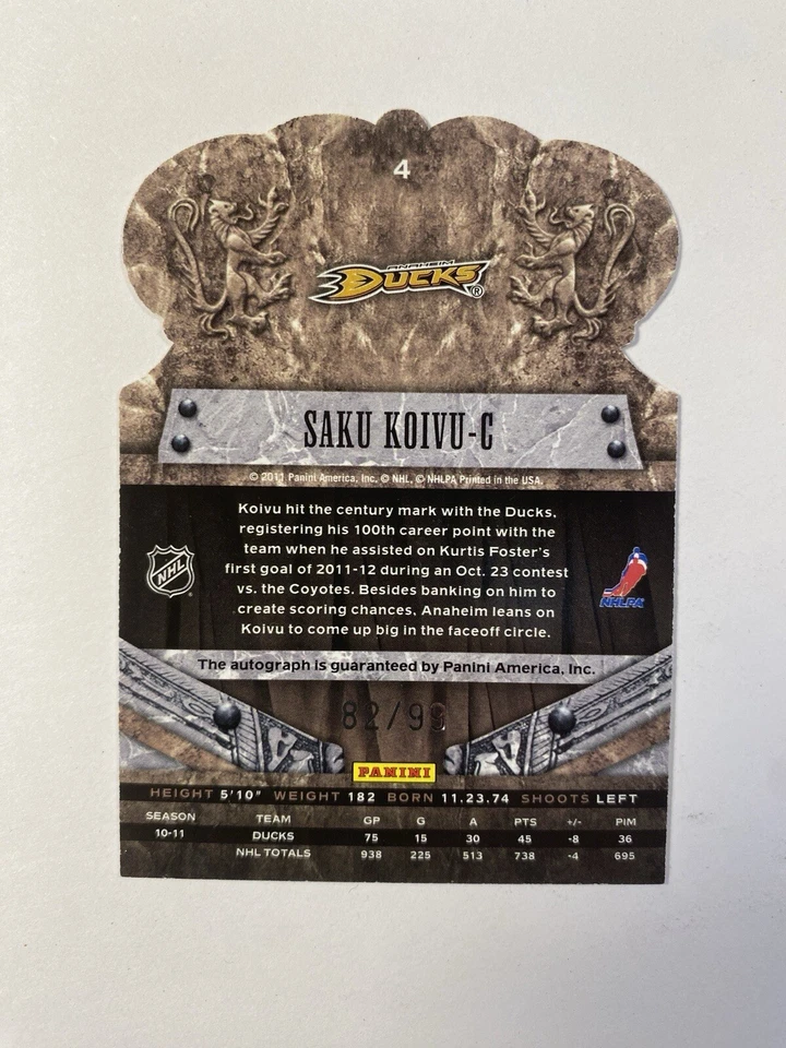 Saku Koivu Auto /99 - 2011-12 Panini Crown Royale Hockey Anaheim Ducks - Image 2 of 3