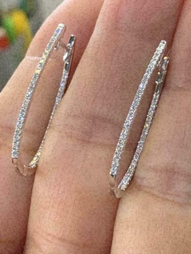 Boucles d'oreilles rondes Huggie Hoop en diamant 1 ct finition or blanc massif 14 carats - Photo 1 sur 4