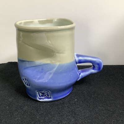 Vtg Handmade Whimsical Coffee Tea Cup Mug Blue & Tan