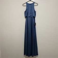 LULU'S Small Classic Elegance Blue Satin Sleeveless Halter Overlay Dress NWT