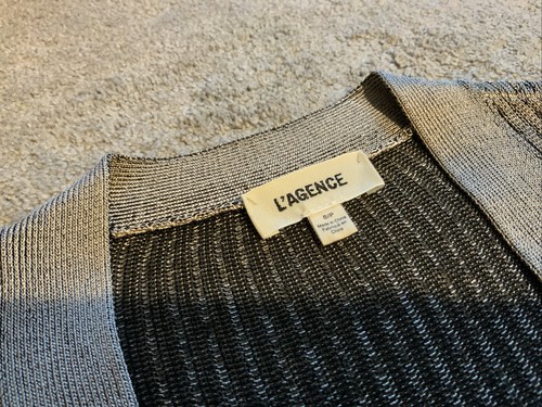L’AGENCE Women Cardigan Sz S Millie Long Ribbed Taupe Gold Metallic Party EUC - Picture 12 of 14
