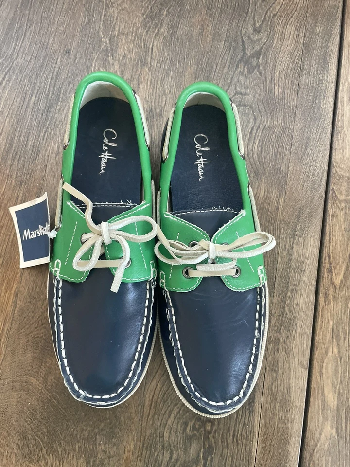 Cole Haan Air Boat 2 眼部牛津绿色和蓝色皮革船鞋儿童尺寸 1 阅读 — 第 2/4 张图片