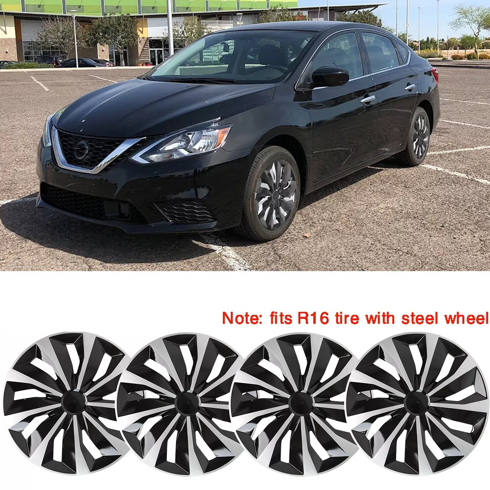 Nissan Sentra 16-Inch Black 4-Piece Wheel Covers for R16 Tires & Steel Rims