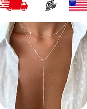 Lariat Gold Necklace Dainty 14k Plated Y Pendant Layered Necklace for Women