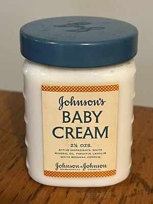Vtg 50's Johnson's EMPTY Milk Glass Jar Baby Cream w/ Blue Lid