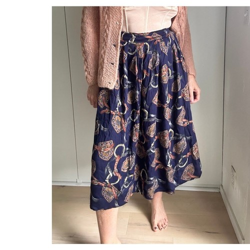 Vintage Equestrian Print Skirt Midi Pleated Navy Size Medium Country house - Picture 8 of 9