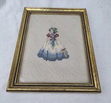 Vtg Framed Cross-stitch Lady In Dress In Gold Frame -Professional Framed 9  x 7  