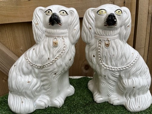 SUPERB PAIR: VERY LARGE 19thC STAFFORDSHIRE WHITE & GILT SPANIEL DOGS c1890s
