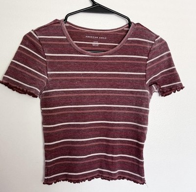 American eagle ruffled hem sleeve cuff striped waffle knit cropped tee small