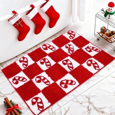 Christmas Rug Bath Mat Red White Checkered Candy Cane Doormat Non Slip Winter