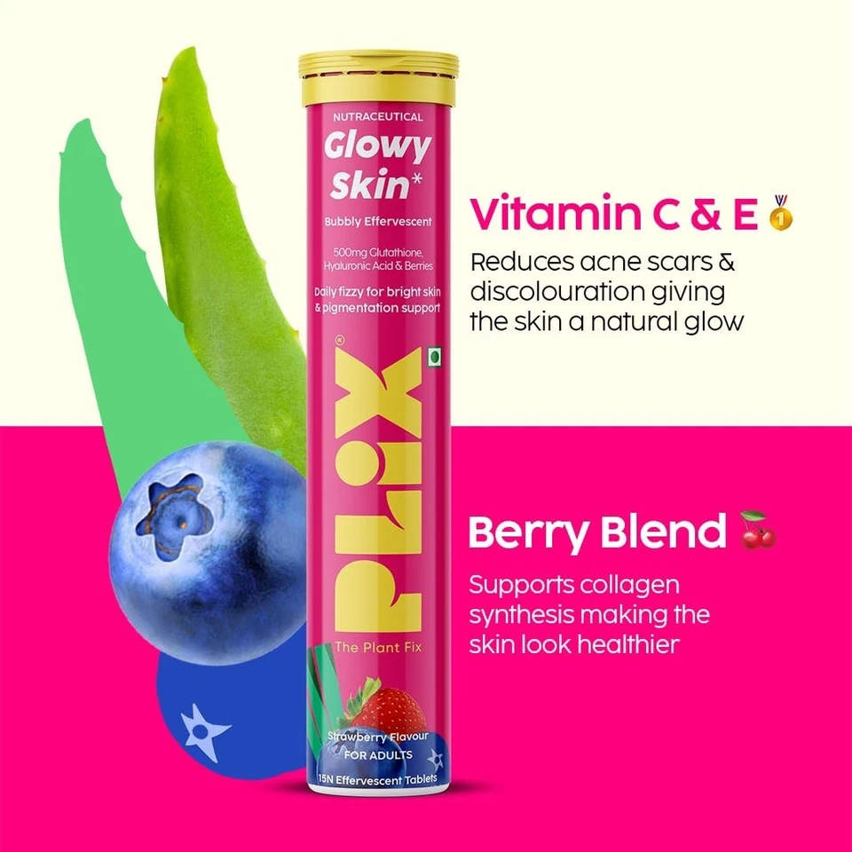 PLIX Glutathione + Vitamin C Tablets – Clear, Youthful, Radiant Skin, Strawberry