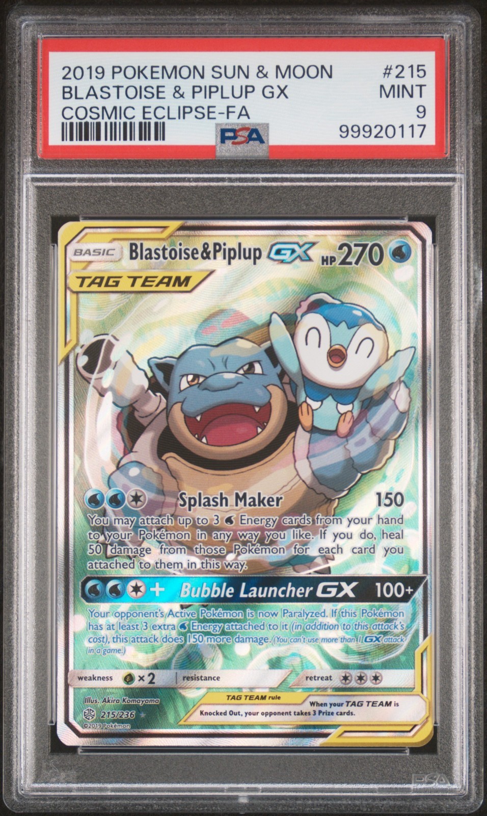 2019 POKEMON SUN & MOON COSMIC ECLIPSE #215 FULL ART/BLASTOISE & PIPLUP GX PSA 9