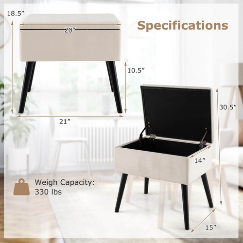 2PCS Vanity Stool Footrest Tufted Flip Top Velvet Storage Ottoman w/Wood Legs - Picture 2 of 10