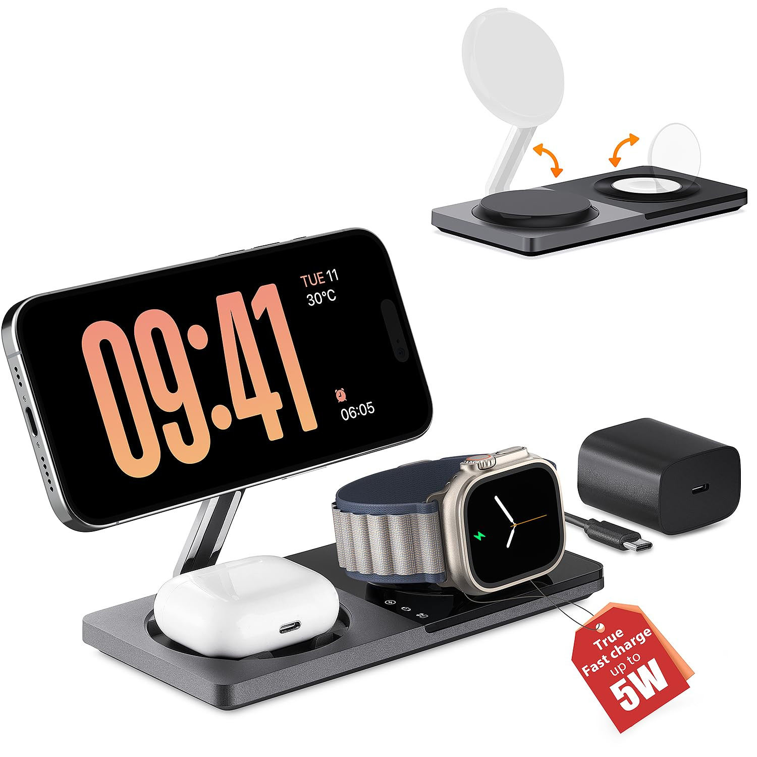 3 in 1 Charging Station for Apple Devices: Mag-Safe Charger Stand Fast Chargi...