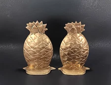 Vintage Brass Pineapple Bookends 2 Flat Tarnished Patina Regency 7" Office Decor