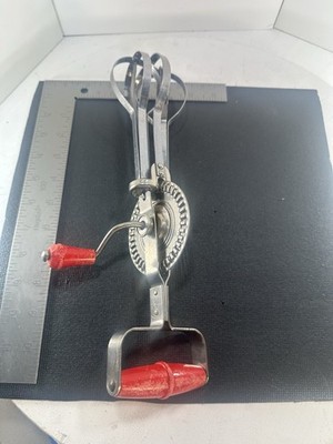 Vintage Blue Whirl Hand Crank Egg Beater Stainless Steel Red Handle Mixe