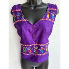 Vintage Rima Purple Ethnic Top Size XL Button Front Colorful Artsy Abstract Cute