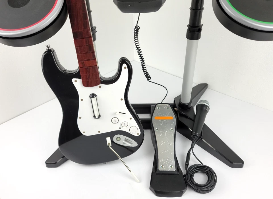 Xbox 360 Rock Band 2 Drum Set Wireless BUNDLE w/ box & Guitar, Mic + Tested Read - Image 3 of 4