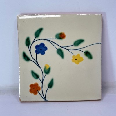 Hand Painted Ceramic Tile Floral Design Blue Yellow Orange Green Accent Decor