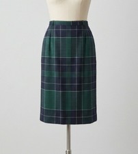 Vintage Plaid A-Line Pencil Skirt Green Navy Tartan Wool Blend Cottagecore