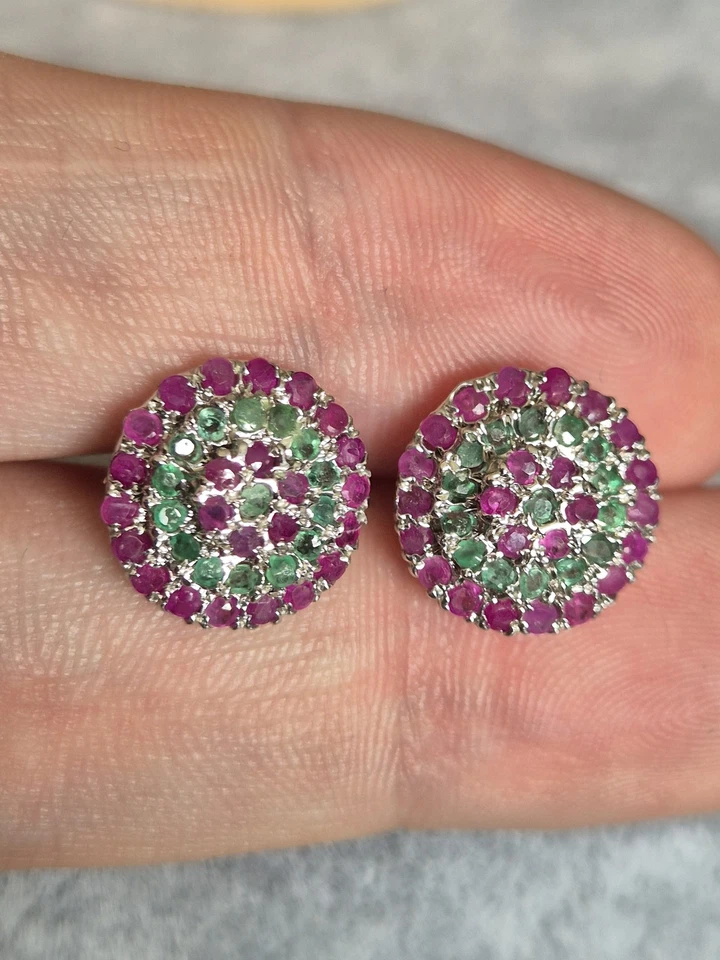 Stunning Ruby and Emerald Set Cluster Sterling Silver Earrings Studs - Image 2 of 4
