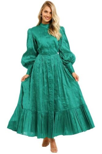 LEO LIN Viridian Silk Linen Pleated Dress in Forest Green AU Size 12 - Photo 1 sur 8