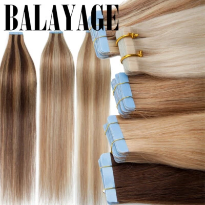 FULL HEAD Tape In Remy Skin Weft Russian 100% Human Hair Extensions Thick Long