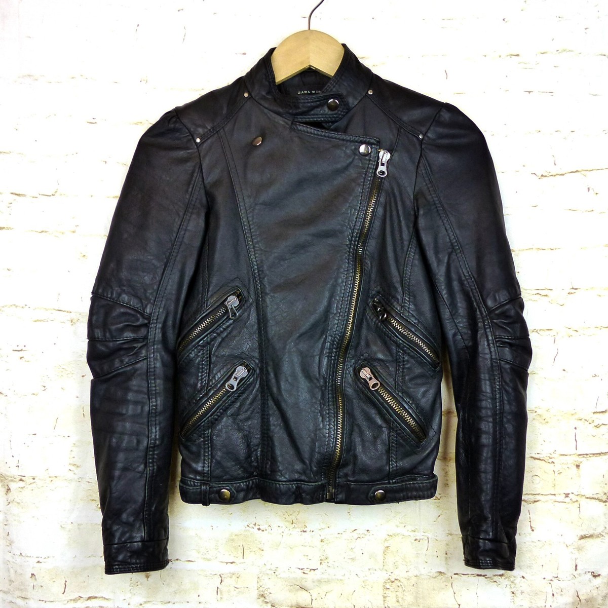 【未使用】ZARA WOMAN 黒 本革ライダースジャケット XS(24) Zara Moto Lamb Leather Jacket Women XS Black Cropped Multi