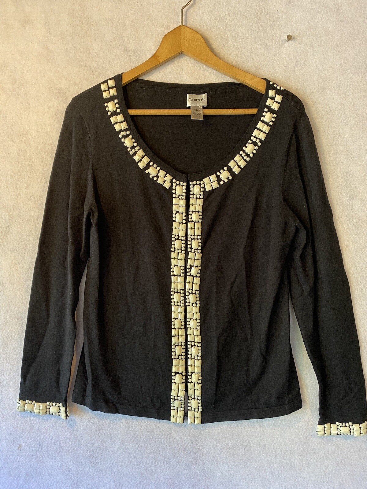Chico's Women's Black Beaded Accent Cardigan Sweater - Sz 1 US M Silk Blend