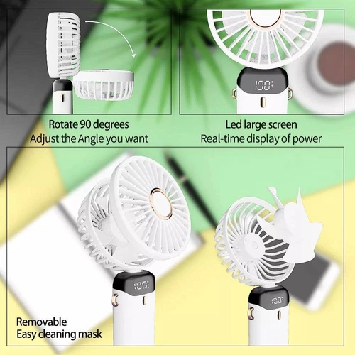 Handheld Folding Desk Fan Cooling USB Charging LED Display Portable White - Picture 4 of 7