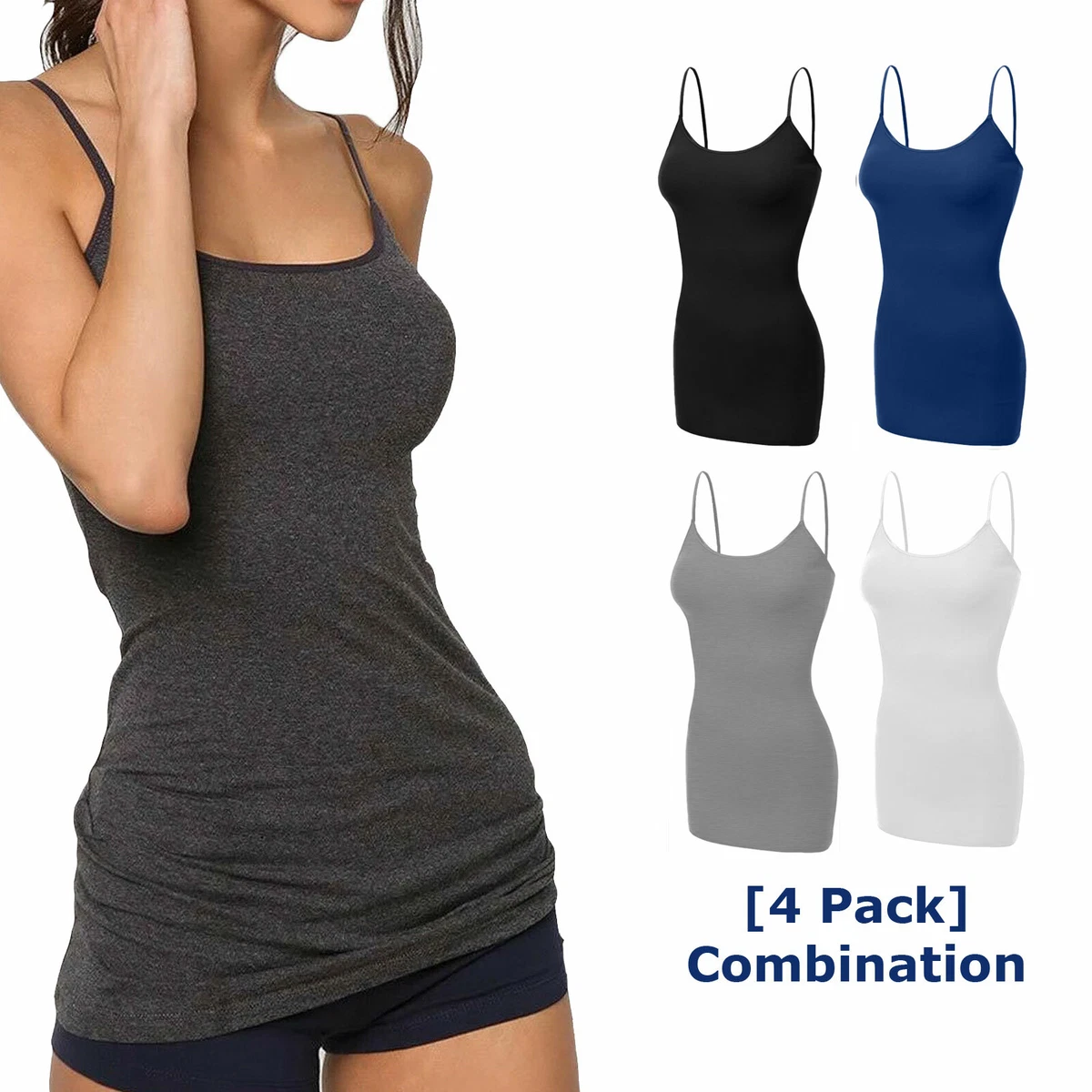 [4 pack] Women Long Camisole Tank Tops Cotton Basic Cami Tops W/ Straps S ~  3XL