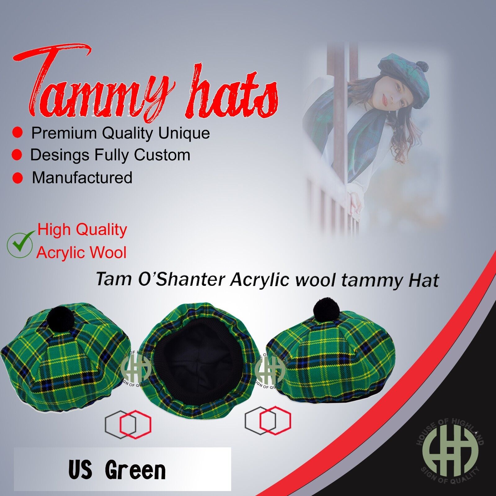 Unisex Great Scottish Highland Tam O Shanter Hat US Green Tartan Tammy Hat .