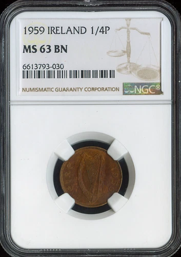 1959 Ireland 1/4p Farthing NGC MS63 BN Quality