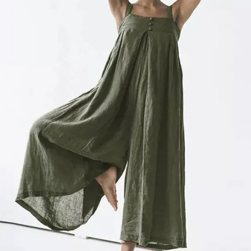 Women Loose Sleeveless Summer Playsuits Wide Leg Pants Cotton Linen Jumpsuits - Picture 19 of 22