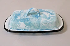 BLUE WHITE ENAMEL PORCELAIN SPLATTER BUTTER DISH HOLDER FARMHOUSE DECOR KITCHEN.