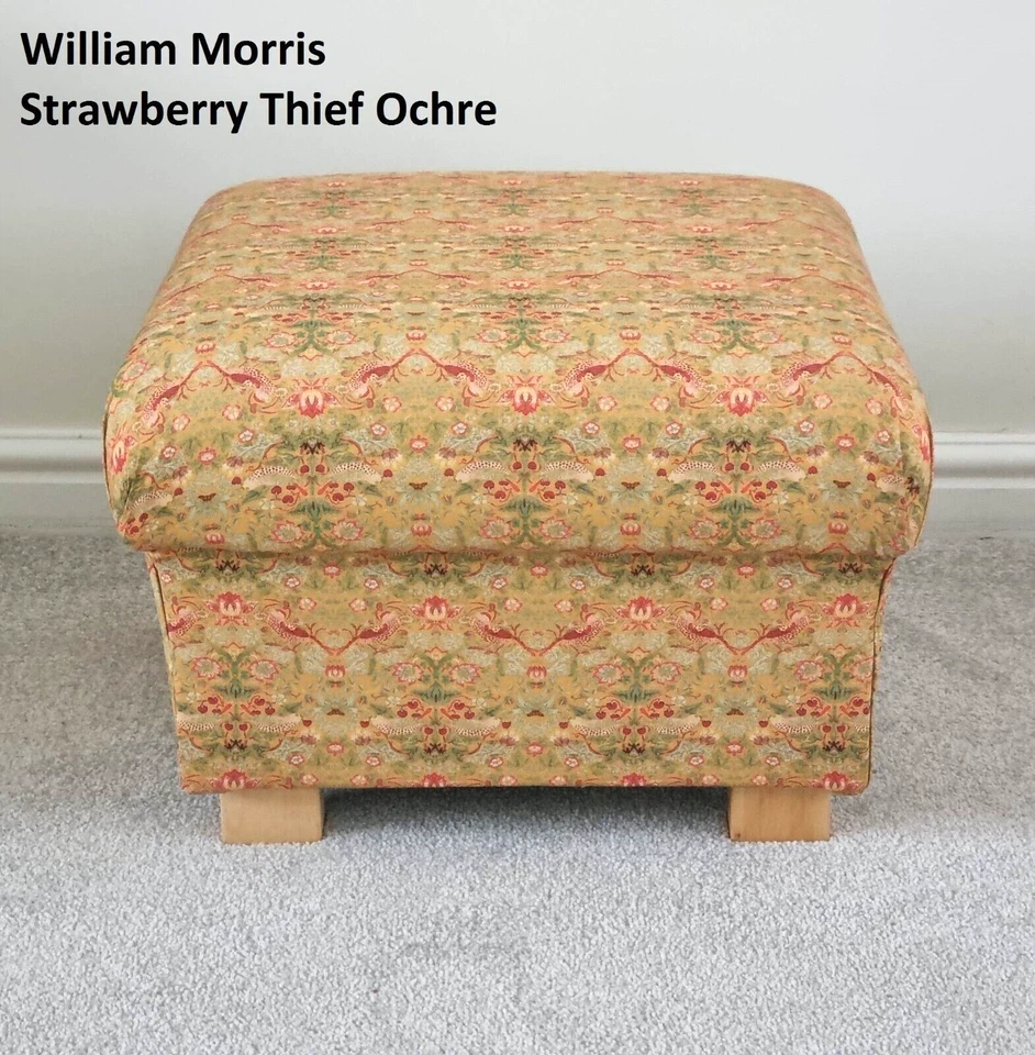 William Morris Strawberry Thief Fabric Footstool Pouffe Ochre Red Blue Green New - Image 4 of 4