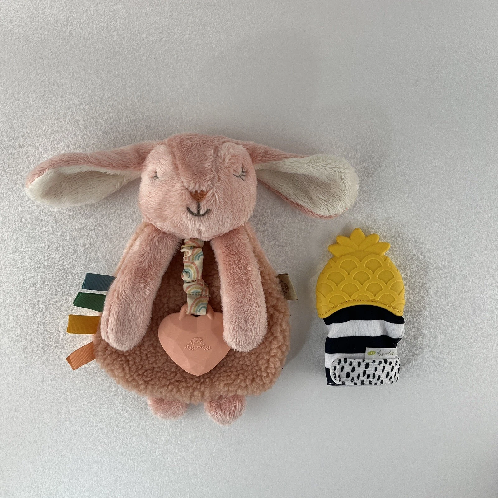 Itzy Ritzy Teether Toy Lovey Rabbit Pineapple Plush Silicone Pink Black Yellow