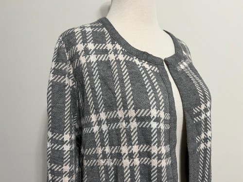 French Connection Open Tunic Cardigan Sweater Gray White & Pink Plaid Size L - Picture 10 of 17