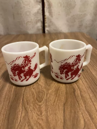 Vintage Hazel Atlas Milk Glass Mug Cowboys and Indians set of two