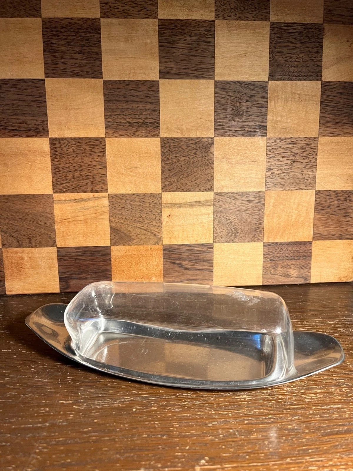 MCM Stainless and Acrylic Butter Dish A239, some scratches and bend in top