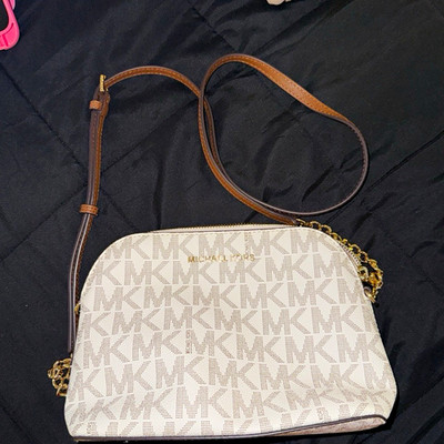 Michael Kors Beige Monogram Small Crossbody Zip Bag Gold Hardware Brown Strap