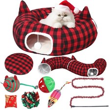 Cat Tunnel Christmas Tree Skirt, Plaid Buffalo Cat Tunnel Bed with Toys, Hang...