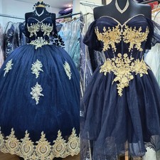 Gorgeous Navy Blue Quinceanera Dresses Gold Lace Appliques Ball Gowns Sweet 16