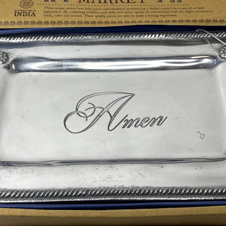 Global Market, Made In India Polished Silver Tone Pewter “AMEN” Tray, New In Box - Image 4 of 4