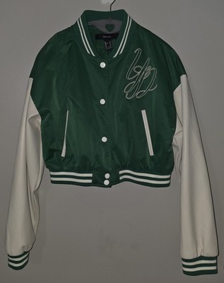 EUC JUNIORS GREEN FOREVER 21 CROPPED VARSITY STYLE JACKET SIZE M