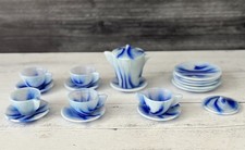 Vintage AKRO AGATE Tea Set White Blue Marble Swirl Slag Miniature Child Interior