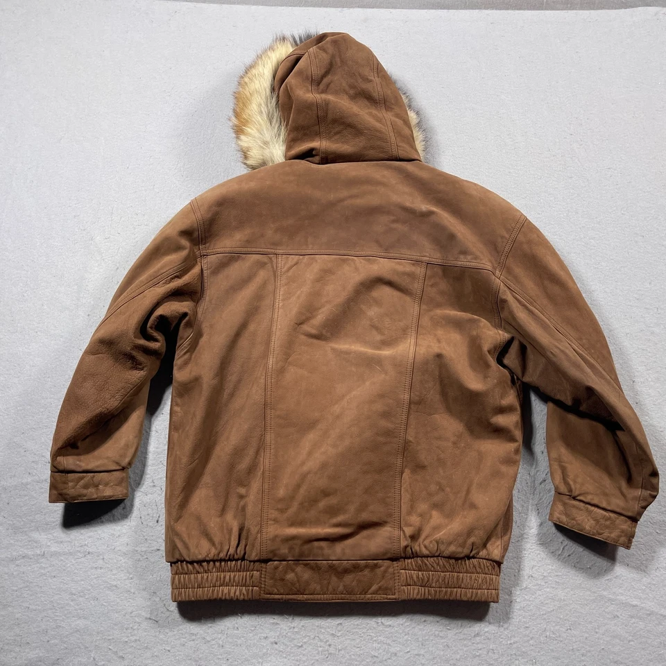 Kent Street Jacket Men M Brown Leather Faux Fur Trim Hood Bomber Korea Vintage - Image 2 of 4
