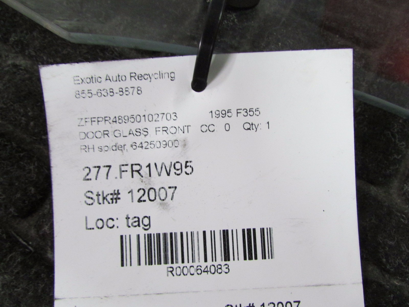 Ferrari 348, F355, Spider, RH Right Front Door Glass, Used, P/N 64250900