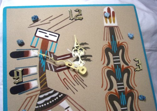 NAVAJO SAND PAINTING ART CLOCK WITH TURQUOISE NUGGETS 12" X 12" - Picture 2 of 9